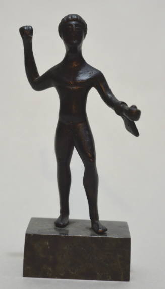 Hercules leaping forward onto his left leg with lion skin over his left arm