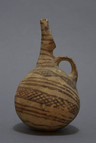 Cypriot buffware jug with beak - spout, linear and cross hatched decoration