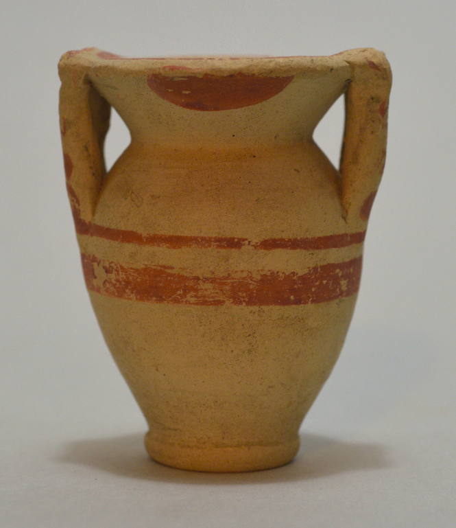 Small buffware vessel of column-krater form, with barids of red decoration