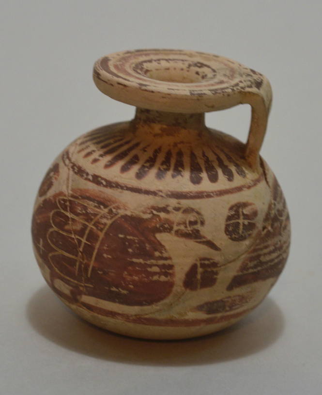 Italo-Corinthian round aryballos decorated with frieze of three ducks