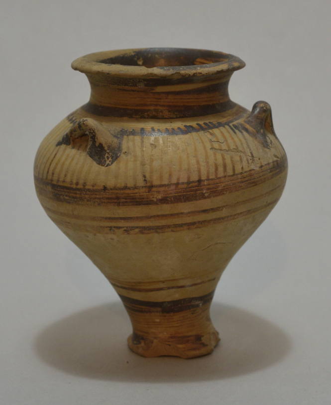 Mycenaean or Cypro-Mycenaean piriform vase, with three handles on shoulder and brown painted ornament