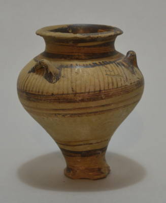 Mycenaean or Cypro-Mycenaean piriform vase, with three handles on shoulder and brown painted ornament