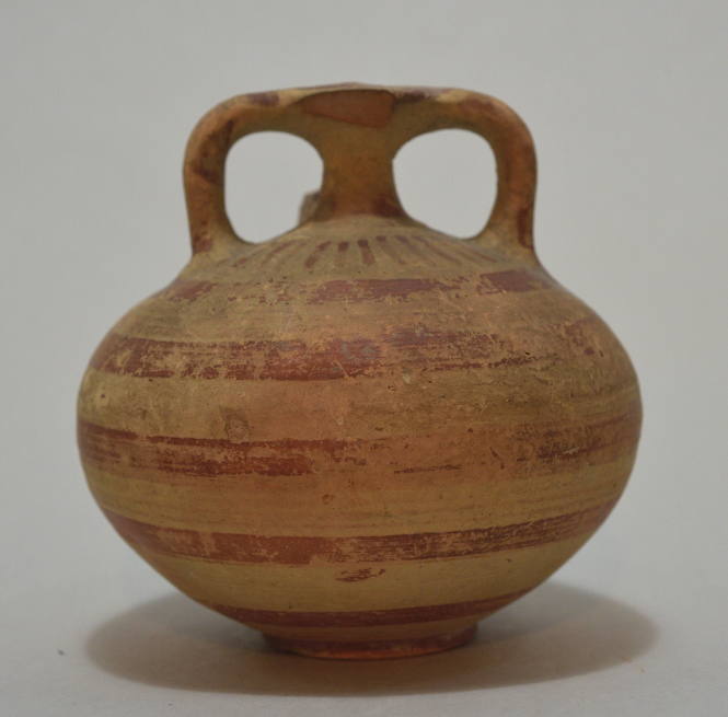 Mycenaean (or Cypro-Mycenaean) stirrup flask with red painted ornament
