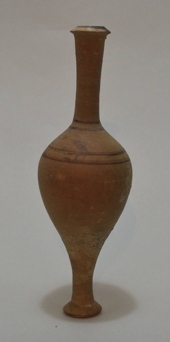 Spindle-shaped bottle with painted bands around neck and shoulder
