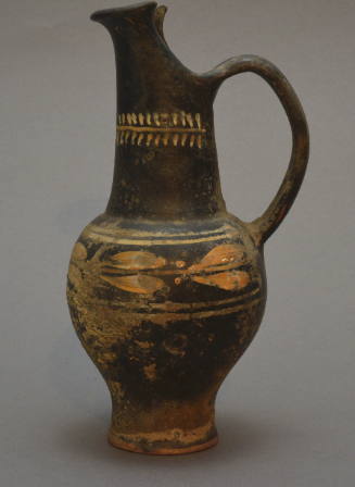 Faliscan oinochoe with spout out away at back; with painted ornament of laural leaves