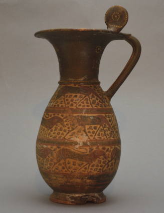 "Pittore Senza Graffitto" Etrusco-Corinthian olpe; decorated with three bands of animal friezes, and stylized rosettes; fragmentary rim with on rotelle