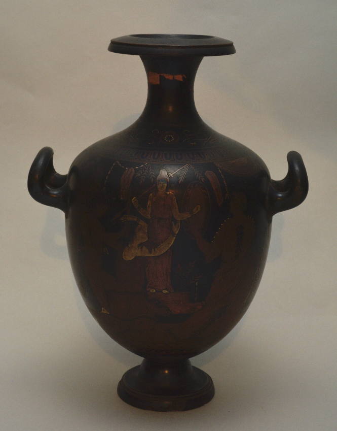 Apulian amphora with red-figure decoration: (a) rape of Cassandra (from Trojan cycle); (2) palmette scrolls