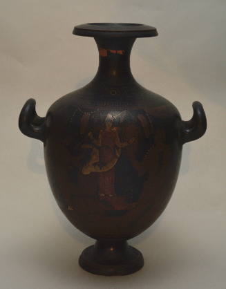 Apulian amphora with red-figure decoration: (a) rape of Cassandra (from Trojan cycle); (2) palmette scrolls