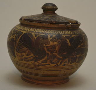 Corinthian lidded pyxix; decorated with a frieze of lions and lion-headed birds