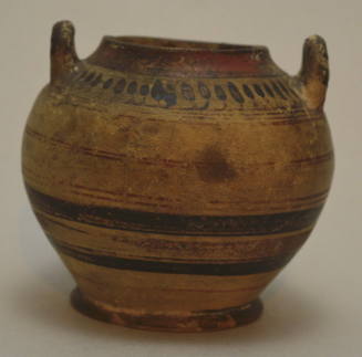 Corinthian pottery round-bodied skyphos with vertical handles; red and black encircling bands on body; festooned lotus buds on shoulder