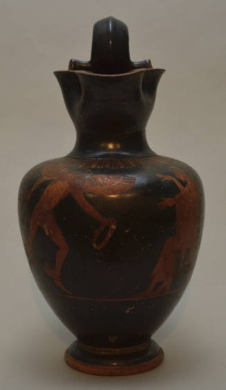 Red-figure trefoil-lipped oinochoe with high handle (Scene: Hermes carrying wreaths, approaches a seated woman)