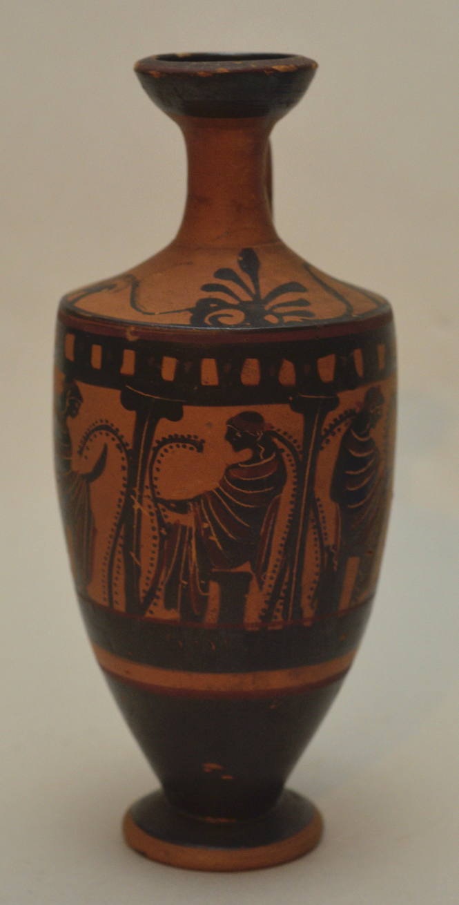 Attic black-figure lekythos, with painted decoration of three maenads sitting within a colonnade