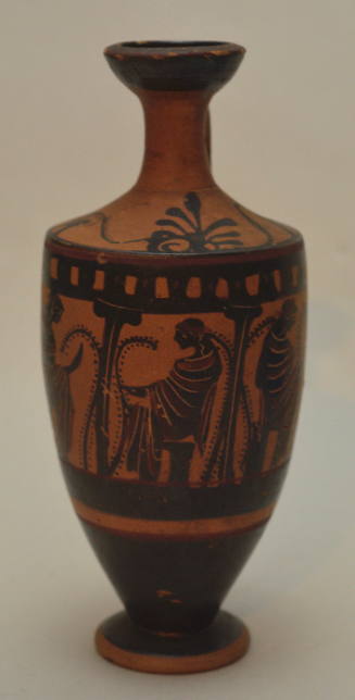 Attic black-figure lekythos, with painted decoration of three maenads sitting within a colonnade