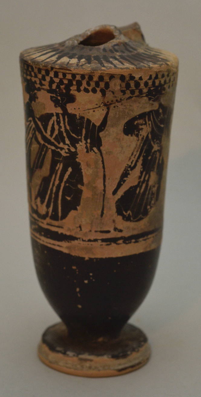 Black-figure lekythos with Maenads and Satyrs