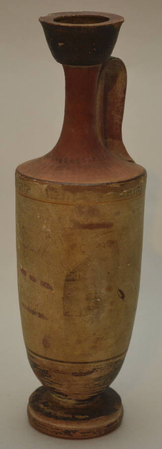 Attic white-ground lekythos ornamented with traces  of scene at a grave: female grave stele with rays on neck