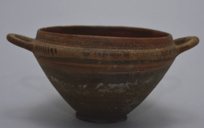 Skyphos, decorated with brown and orange bands; vertical striping on shoulder