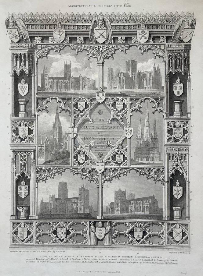 Architectural & Heraldic Title Page in The Autobiography of John Britton: Views of the Cathedrals of Canterbury, York, Salisbury, Lichfield, Durham & Exeter