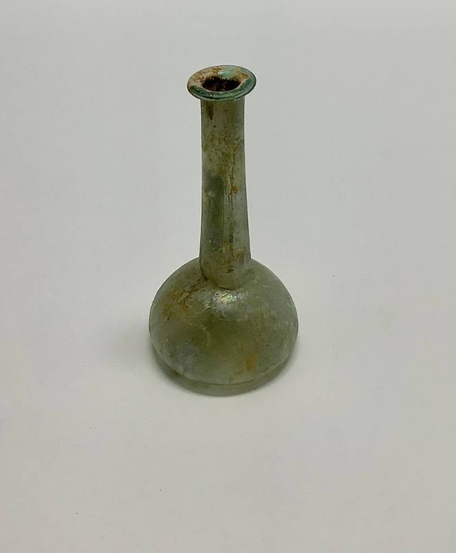 Roman glass: "Candlestick" unguentarium with angular shoulder and flat lip