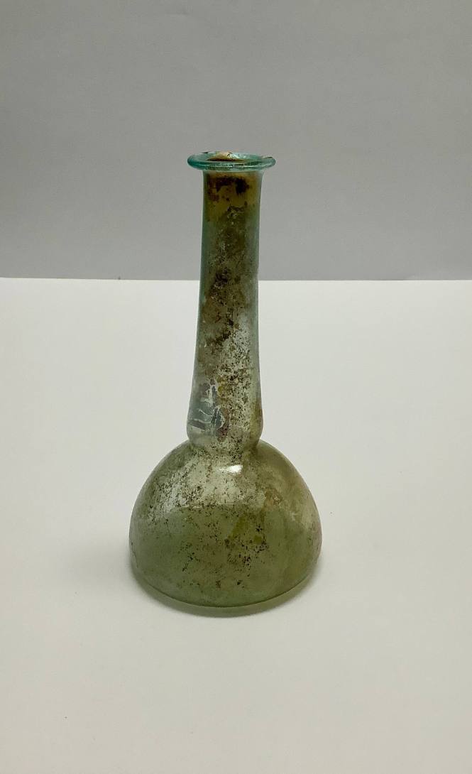 Roman blottle with domed body and slender neck; rim folded in and flattened