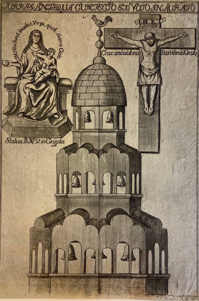 Church Belltower, Crucifix and Madonna and Child