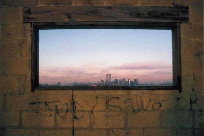 [World Trade Center, from distant window, sunset]