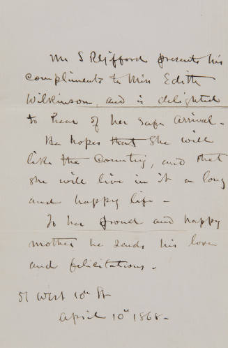 Autographed letter from Sanford Gifford to his niece