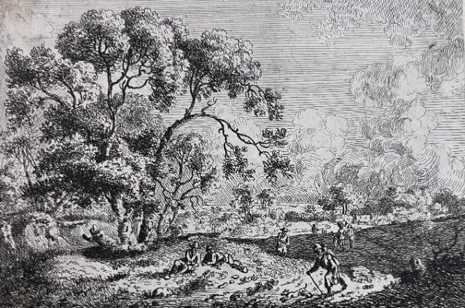 Waldrand und Wiese mit Wanderern und Bauern