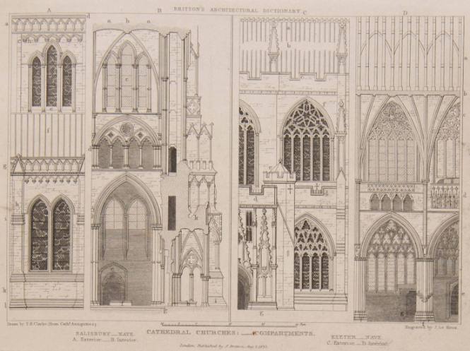 Cathedral Churches-Compartments (from Salisbury and Exeter) for Britton's Architectural Dictionary