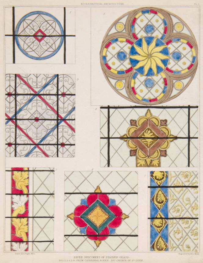 Ecclesiastical Architecture-Seven Specimens of Stained Glass (from Cathedral, Rouen and Church of St. Ouen.)