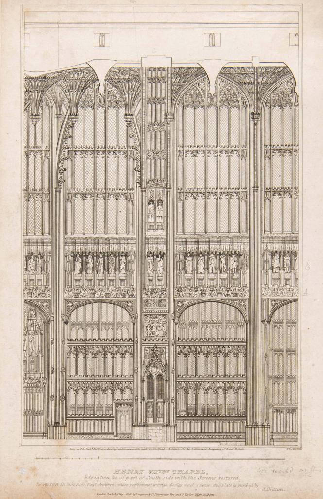 Henry VIIths Chapel, Elevation and Part of the South Side with Screens Restored. for the Architectural antiquities of Great Britain