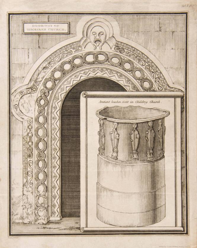 Doorway of Tidmarsh Church Inset: Ancient leaden font in Childrey Church