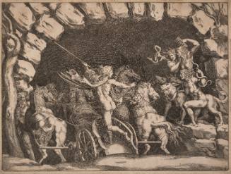 Pluto, seen from behind, entering the Underwold on his chairot, Cereberus and three Furies to right, from 'Giove che fulmina li giganti', after the frescoes on the ceiling of the Sala dei Giganti designed by Giulio Romano for the Palazzo del Te, Mantua