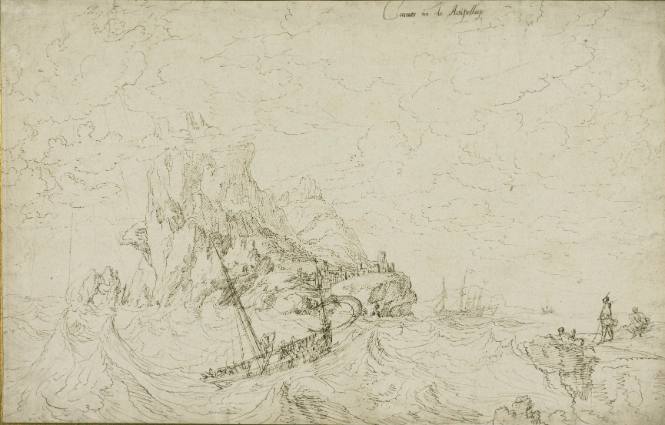 A Rocky Island with a Ship in a Rough Sea