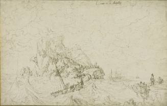A Rocky Island with a Ship in a Rough Sea