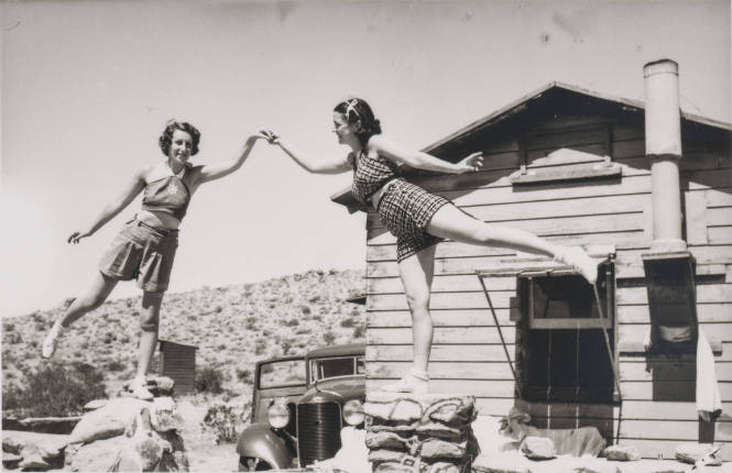 Mojave Desert homestead with live statuettes