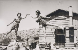 Mojave Desert homestead with live statuettes
