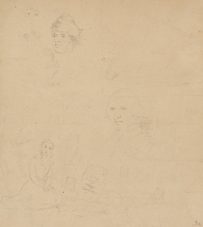 Sketch of 2 male heads, girl by tombstone and miscellaneous buildings