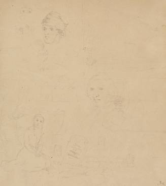Sketch of 2 male heads, girl by tombstone and miscellaneous buildings