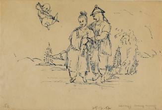 Oriental couple before landscape setting with cupid