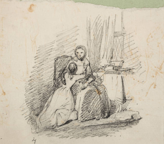 Girl kneeling in front of an older woman