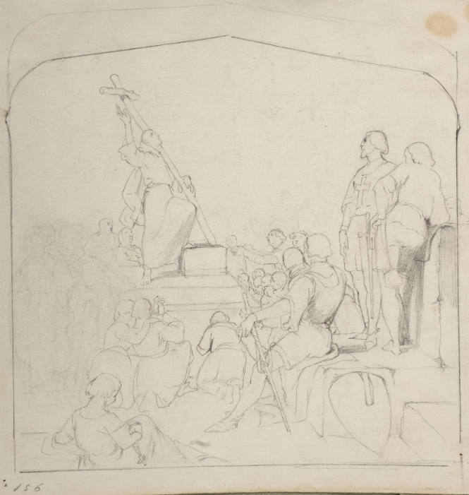 Monk with a cross before a group of people