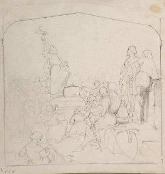 Monk with a cross before a group of people