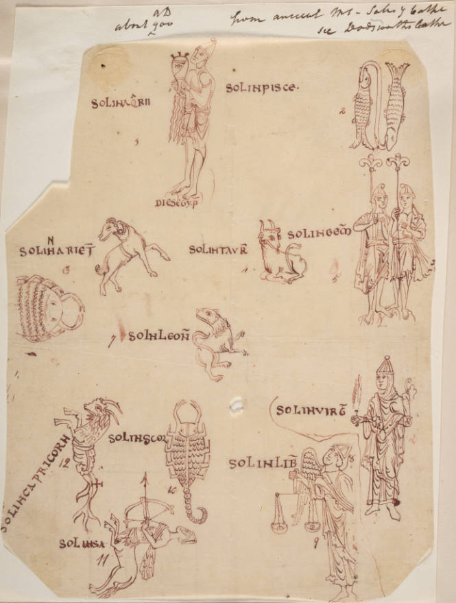 Copy of page from "ancient Ms. Salisy. Gothic, see Dodsworth Gothic" signs zodiac of the zodiac
