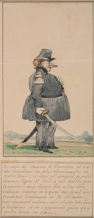 Le corps des chasseurs de Vincennes est une des inventions les plus réjouissantes de
notre tems ; ce corps est composé de petits hommes légers et tout à fait taillés pour la
course ; aussi depuis lors a-t-on deja entrevu l’ombre de la queu du cheval du troisieme
lieutenant d’Ab-del-Kader. Leur charmant costume noir résiste très bien à la chaleur et ne s’apperçoit guère qu’à quatre lieus en plaine.