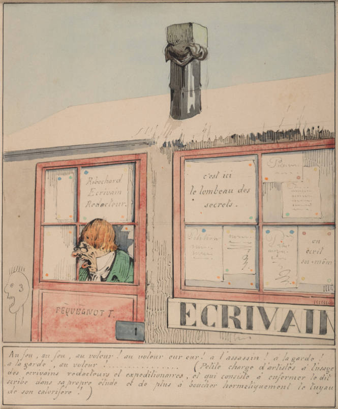 Au feu, au feu, au voleur! au voleur eur eur! a l’assassin! à la garde! a la garde, au
voleur!................ (Petite charge d’artistes à l’usage des ecrivains rédacteurs et
expeditionnaires, et qui consiste à enfermer le dit scribe dans sa propre étude et de plus à boucher hermétiquement le tuyau de son calorifère!)