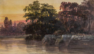 Lake with a spire in the distance