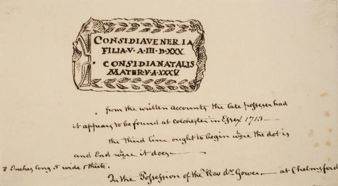 Inscription found at Colchester Essex, 1713