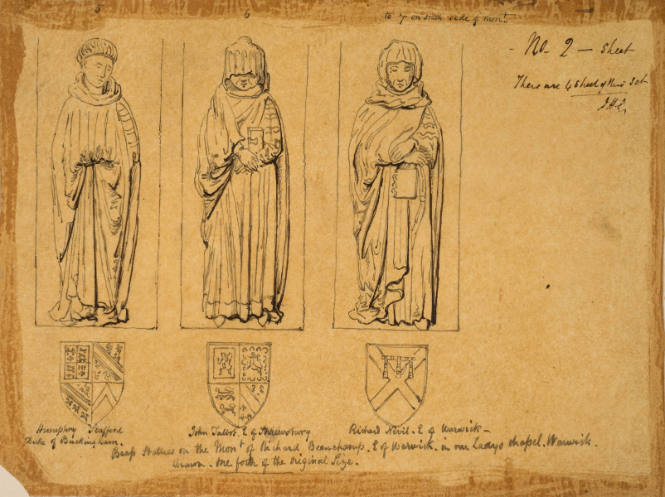 Noblemen with their coats of arms. Mounument of Richard Beauchamp, E. of Warwick, in our Lady's Chapel, Warwick