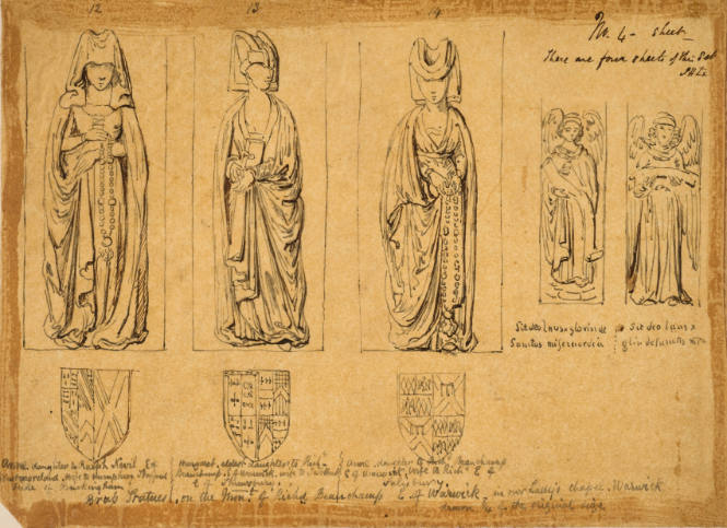 Noblewomen with their coats of arms and two angles form the Monument of Richard Beauchamp, etc.