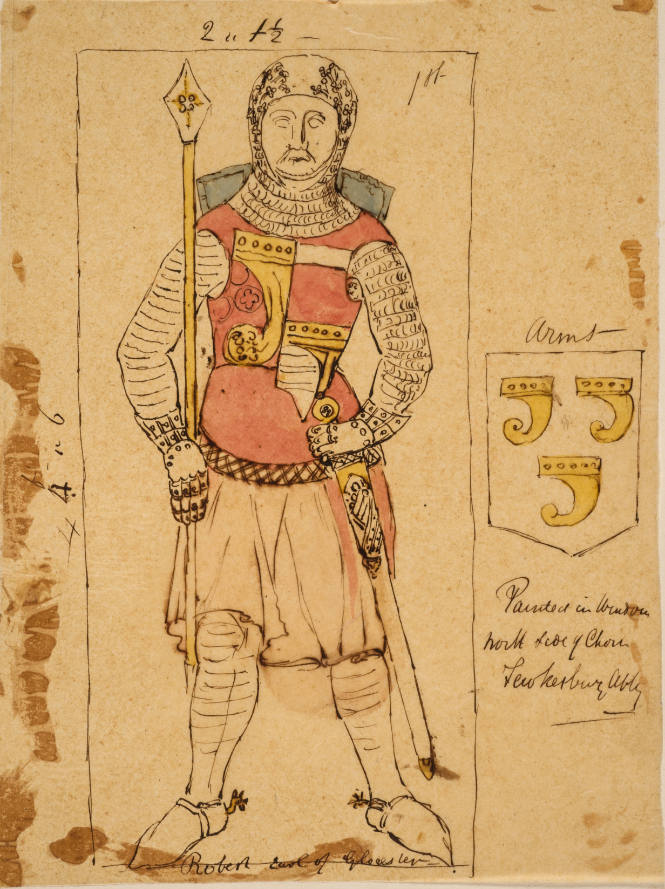 Earl of Gloucester, and his coat of arms, painted in Choir of Tewkesbury Abbey